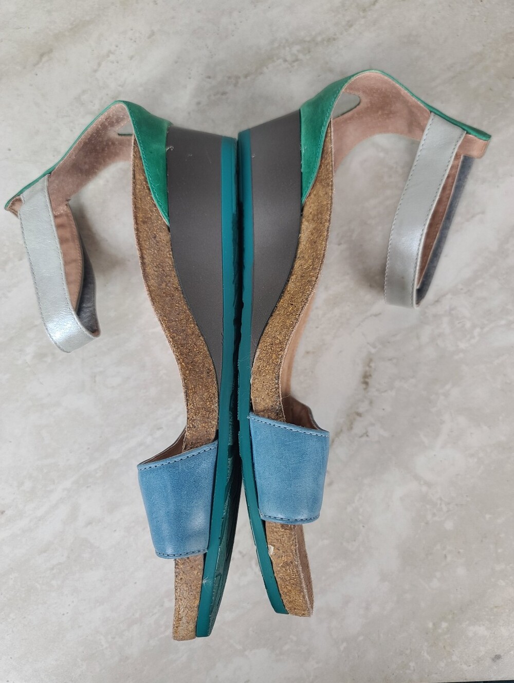 Naot PIXIE Blue Green Silver Pewter Colorblock Leather Wedge Sandals 9 - Picture 9 of 14